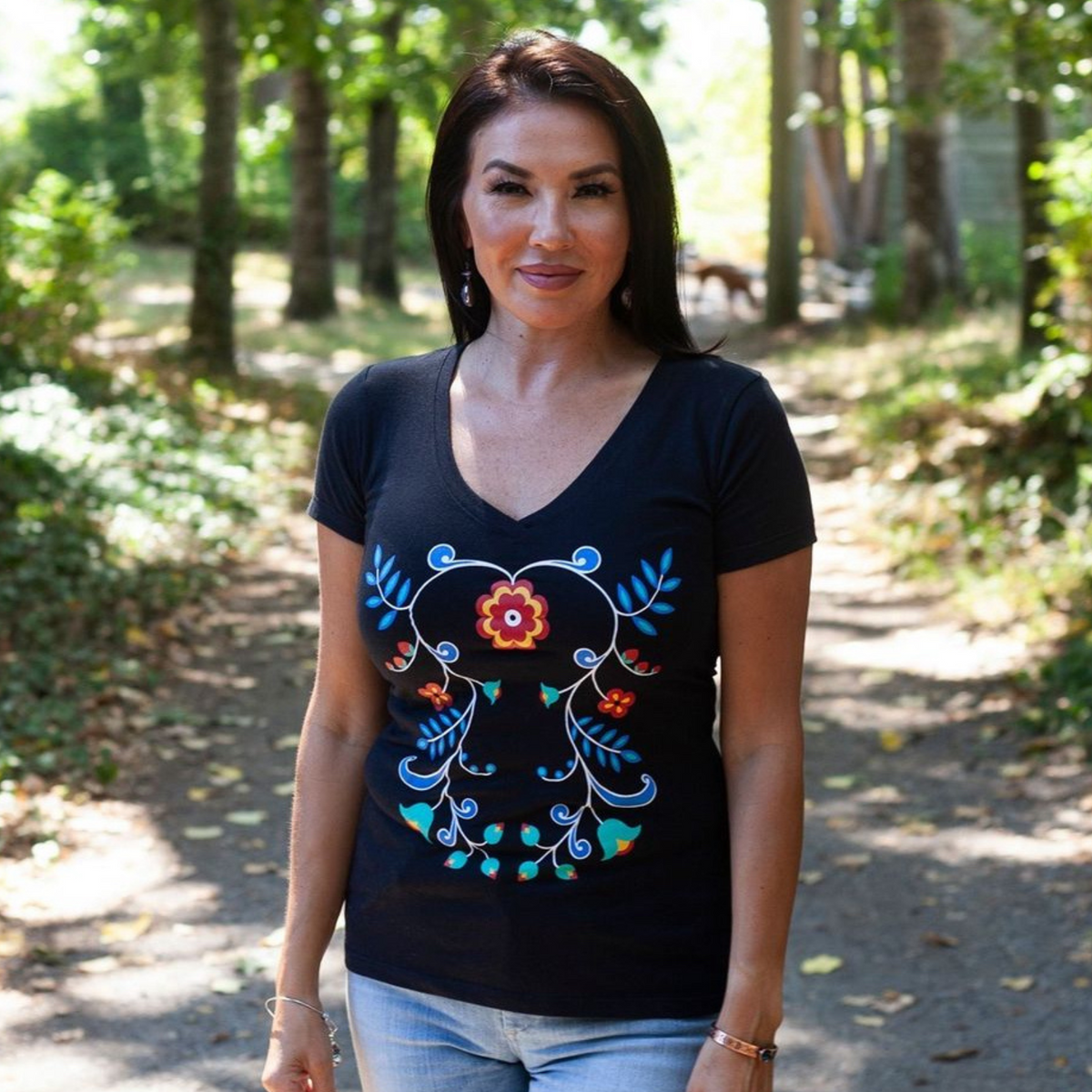 Ladies T-shirt with Honouring Our Life Givers Indigenous Design