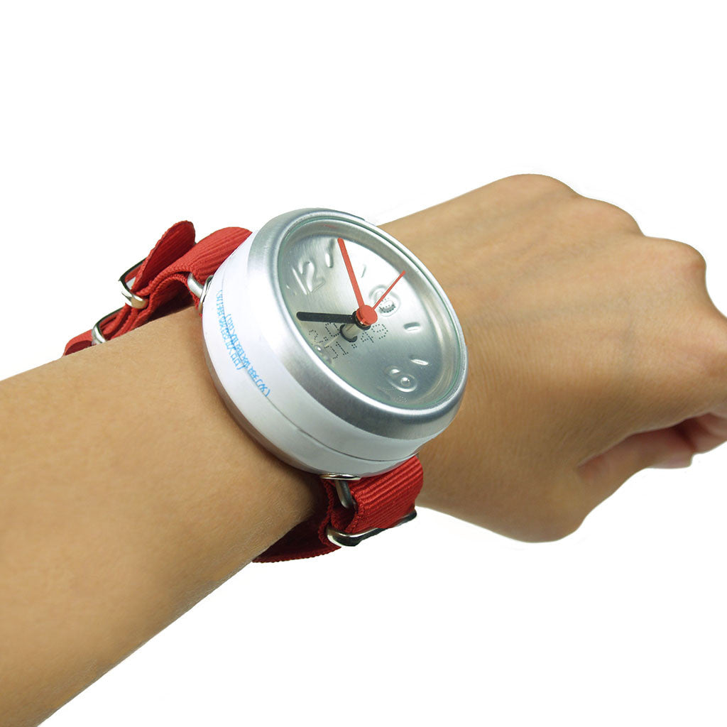Made By Humans Pop Can Watch red worn on hand